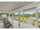 Relaxing patio featuring rocking chairs and views of the lake, pool, and dock at 641 Lake Overlook Dr, Canton, GA 30114