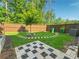 Landscaped backyard featuring a stone tile patio, stepping stones, and a well-maintained lawn and privacy fence at 150 Holden Way, Woodstock, GA 30189