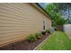 Side view of home showing tan vinyl siding with manicured mulch bed, and lawn at 9013 Aldbury Dr, Locust Grove, GA 30248