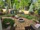 Enjoy the backyard complete with stone patio, fire pit, lush greenery, swing set, and fenced yard at 811 Millvale Pl, Lawrenceville, GA 30044