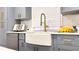 Modern kitchen featuring gray cabinets, gold hardware, a farmhouse sink, and sleek countertops at 4296 Langdon Dr, Decatur, GA 30035