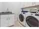 Well-equipped laundry room with modern washer, dryer, granite countertops, and white cabinets at 1974 Hosack Sw Hl, Marietta, GA 30064