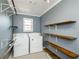 Functional laundry room with modern washer and dryer, shelving, and ample storage at 9157 Golfview Cir, Covington, GA 30014