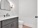 Modern half bathroom with sleek fixtures, vanity, mirror, and toilet at 157 Palisade Ne Dr, Rydal, GA 30171