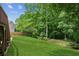 Lush green backyard with mature trees and a wooden fence, offering privacy and a peaceful outdoor space at 1320 Magnolia Park Cir, Cumming, GA 30040