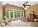 Living room with a ceiling fan, multiple windows, and neutral furniture at 1320 Magnolia Park Cir, Cumming, GA 30040