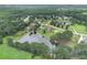 Expansive aerial view of a neighborhood with a pond, showcasing the lush greenery and peaceful setting at 127 Courts Of Hampton, Hampton, GA 30228