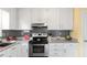 Modern kitchen with white cabinets, stainless steel oven and a black and white tiled backsplash at 2675 Springside Ct, Douglasville, GA 30135