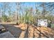 Spacious backyard with mature trees, a fire pit, and a storage shed at 1040 Forest East Dr, Stone Mountain, GA 30088