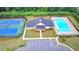 Aerial view showcasing community amenities: pool, tennis courts, and clubhouse surrounded by lush greenery at 5215 Wheeler Run Dr, Auburn, GA 30011