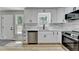 Modern kitchen with white cabinetry, stainless steel appliances, and a view of the backyard at 545 Woodrow Dr, Lawrenceville, GA 30043