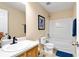 Cozy bathroom with tub/shower combo, single sink vanity, and neutral walls at 554 Rendevous Rd, Acworth, GA 30102