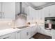 Bright kitchen features white cabinets, stainless steel appliances, tile backsplash and quartz countertops at 1660 Chandler Rd, Lawrenceville, GA 30045