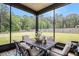 Relaxing screened patio with dining table and chairs overlooking the lush backyard at 1660 Chandler Rd, Lawrenceville, GA 30045