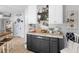 Kitchen with gray cabinets, white upper cabinets, and wood-look flooring at 710 Freeman Dr, Covington, GA 30016