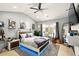 A stylish bedroom featuring a queen size bed with a grey comforter and built in lighting at 100 Chadwick Pl, Villa Rica, GA 30180
