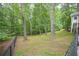 Picturesque view of backyard; bordered by a secure fence and enhanced with beautiful mature trees at 7533 Mason Falls Dr, Winston, GA 30187