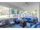 Comfortable enclosed porch, furnished with wicker seating, ceiling fan and an expansive view of the fenced backyard at 361 Sarah Ln, Lawrenceville, GA 30046