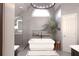 Modern bathroom with a freestanding tub, complemented by stylish fixtures, lighting, and decor at 1235 Grand View Se Dr, Smyrna, GA 30126