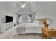 This bedroom features a tray ceiling, fan, and carpeted floors at 1952 Skidmore Cir, Lawrenceville, GA 30044