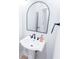 Chic powder room featuring a pedestal sink with modern fixtures and arched mirror at 4541 Meadow Club Dr, Suwanee, GA 30024