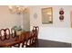 Traditional dining room featuring hardwood floors, wainscoting, and a stylish chandelier at 6570 Canyon Cv, Cumming, GA 30028
