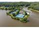 Scenic aerial view showcasing a lakeside community with resort-style amenities, including a pool and tennis courts at 7435 Woodruff Way, Stone Mountain, GA 30087