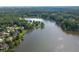 Breathtaking aerial view of a serene lake bordered by lush greenery and luxury homes at 7435 Woodruff Way, Stone Mountain, GA 30087