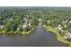 Aerial shot showcasing a beautiful lakeside community with waterfront homes and private docks nestled among green trees at 7435 Woodruff Way, Stone Mountain, GA 30087