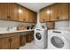 This laundry room features ample cabinet space, sink, counter and front load washer and dryer at 5360 Hyde Rd, Cumming, GA 30040