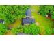 Aerial view of a home with a large backyard, mature trees, and a driveway at 5293 Sandy Shoals Ln, Stone Mountain, GA 30087
