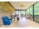 Relaxing screened porch featuring a brick wall, ceiling fan and wooded views at 5293 Sandy Shoals Ln, Stone Mountain, GA 30087