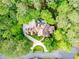 A bird's eye view shows a sprawling home surrounded by lush trees and a long driveway at 3905 Merriweather Woods, Johns Creek, GA 30022