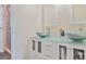 Bathroom featuring a double vanity with glass sinks and a glass shower at 125 Sandridge Ct, Alpharetta, GA 30022