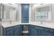 Stylish bathroom with double sinks, granite countertops, and blue cabinetry at 150 Rose Creek Dr, Covington, GA 30014