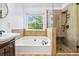 Relaxing bathroom with a tub, a tiled shower with glass door, and a sink with modern fixtures at 870 Underhill Ct, Sugar Hill, GA 30518
