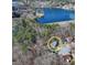 Aerial view showcasing a beautiful home nestled among trees with access to a serene lake at 1890 Turtle Creek Way, Lawrenceville, GA 30043