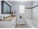 Updated bathroom with granite countertops, white cabinets, and tiled shower at 2184 E Cherokee Dr, Woodstock, GA 30188