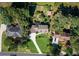 Expansive aerial shot showcases a property with mature trees, a well-maintained lawn, and a winding driveway at 2702 Moorings Pkwy, Snellville, GA 30039