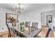 Formal dining room featuring modern furnishings, an elegant chandelier, and hardwood floors at 2702 Moorings Pkwy, Snellville, GA 30039