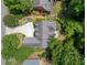 Overhead view of home featuring grey roof, manicured lawn, and a circular driveway surrounded by mature trees at 4070 Ridgehurst Se Dr, Smyrna, GA 30080