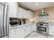 A kitchen features stainless steel appliances, white cabinets, and granite countertops at 128 Champion Way, Hiram, GA 30141