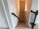 Carpeted staircase with dark wood and iron railing at 139 Vinca Cir, Suwanee, GA 30024