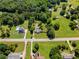 Wide aerial shot showing the home's location in a neighborhood with mature trees and private in-ground pool at 315 Pleasant Grove Rd, Mcdonough, GA 30252