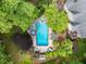 Aerial view of the backyard oasis, complete with a pool, spa, and multiple seating areas for outdoor enjoyment at 530 Twinflower Ct, Roswell, GA 30075