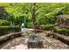 Outdoor fire pit on a deck, perfect for Gathering entertaining near the pool, trees, and lush landscaping at 530 Twinflower Ct, Roswell, GA 30075
