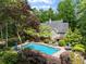 Aerial view of a beautiful backyard pool, deck with lounge chairs, mature trees, and lush landscaping at 530 Twinflower Ct, Roswell, GA 30075