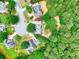 Aerial view of a residential neighborhood, with lush green trees and quiet cul-de-sac street at 662 Shady Willow Ln, Loganville, GA 30052