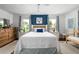 Bedroom with a white quilt bed, blue paneled accent wall, hardwood floors and two side tables at 1691 Whitlock Rd, Marietta, GA 30066