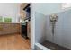 Kitchen view with dog wash station including grey tile and retro-style spray faucet at 2001 Swazey Dr, Decatur, GA 30032